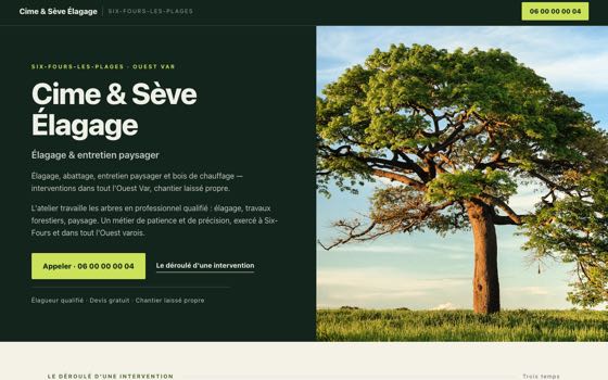 Aperçu du site de démonstration Cime & Sève Élagage, entreprise fictive : haut de page, titre et bouton d'appel