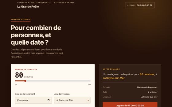 Aperçu du site de démonstration La Grande Poêle, entreprise fictive : haut de page, titre et bouton d'appel