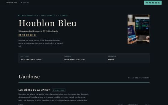 Aperçu du site de démonstration Houblon Bleu, entreprise fictive : haut de page, titre et bouton d'appel
