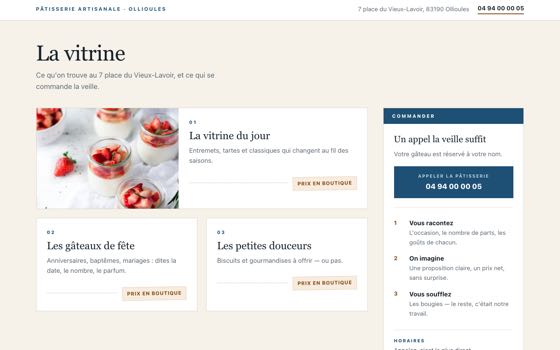 Aperçu du site de démonstration Maison Valdène, entreprise fictive : haut de page, titre et bouton d'appel